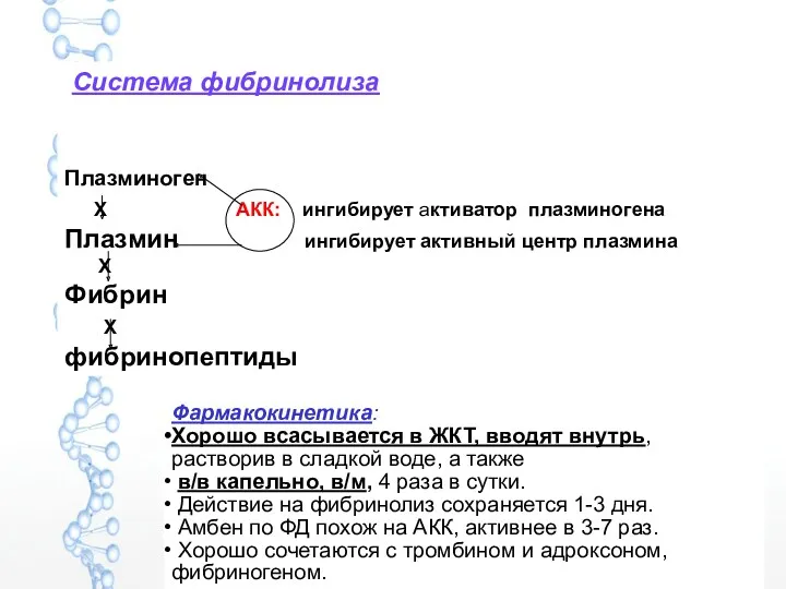 Система фибринолиза Плазминоген Х АКК: ингибирует активатор плазминогена Плазмин ингибирует