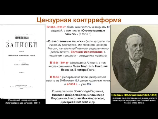 Цензурная контрреформа В 1883–1894 гг. были окончательно закрыты 14 изданий,