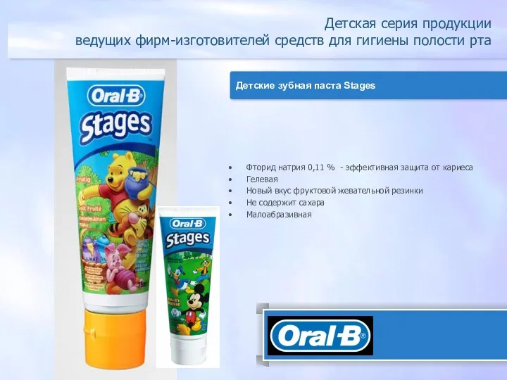 Детская серия продукции ведущих фирм-изготовителей средств для гигиены полости рта Детские зубная паста