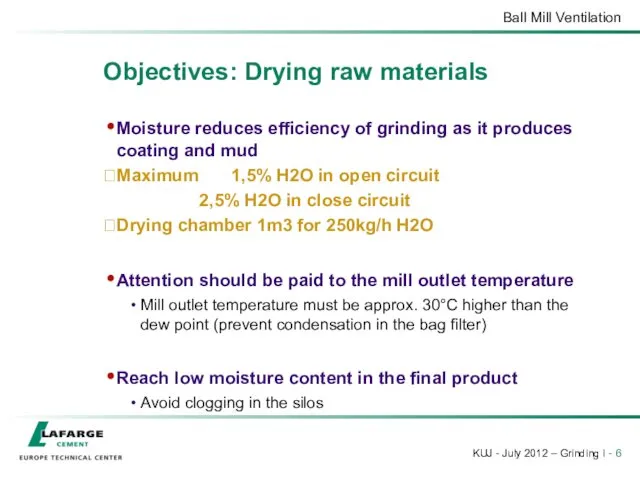 Objectives: Drying raw materials Moisture reduces efficiency of grinding as