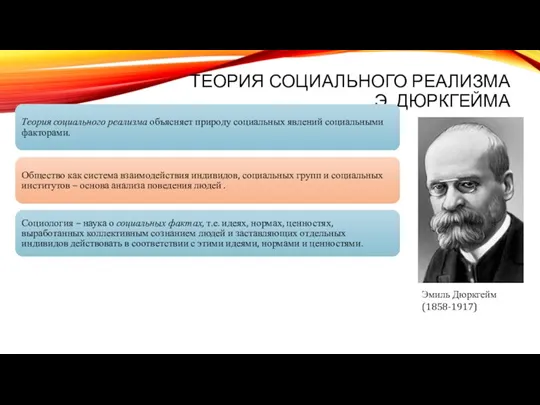 ТЕОРИЯ СОЦИАЛЬНОГО РЕАЛИЗМА Э. ДЮРКГЕЙМА Теория социального реализма объясняет природу