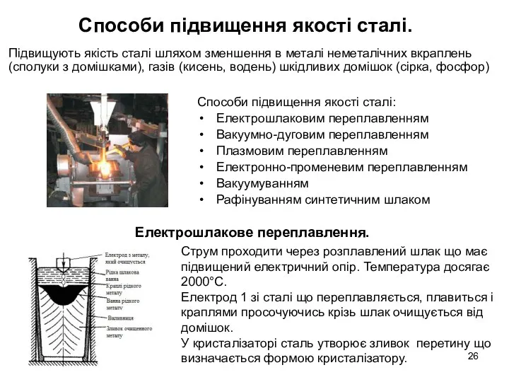 Способи підвищення якості сталі. Способи підвищення якості сталі: Електрошлаковим переплавленням Вакуумно-дуговим переплавленням Плазмовим