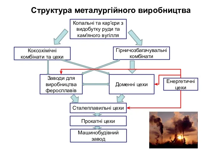 Структура металургійного виробництва Копальні та кар'єри з видобутку руди та кам'яного вугілля Коксохімічні