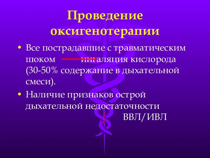 Проведение оксигенотерапии Все пострадавшие с травматическим шоком ингаляция кислорода(30-50% содержание в дыхательной смеси).