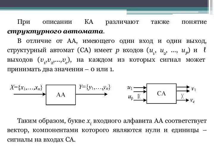 При описании КА различают также понятие структурного автомата. В отличие