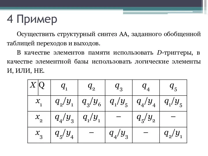 4 Пример Осуществить структурный синтез АА, заданного обобщенной таблицей переходов и выходов. В