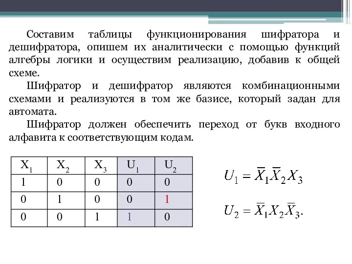 Составим таблицы функционирования шифратора и дешифратора, опишем их аналитически с помощью функций алгебры