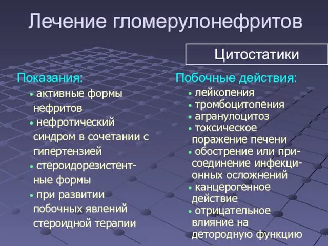 Показания: активные формы нефритов нефротический синдром в сочетании с гипертензией