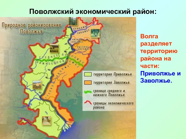 Поволжский экономический район: Волга разделяет территорию района на части: Приволжье и Заволжье.