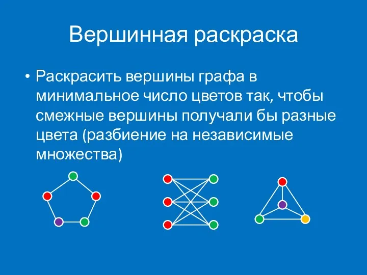 Вершинная раскраска Раскрасить вершины графа в минимальное число цветов так,