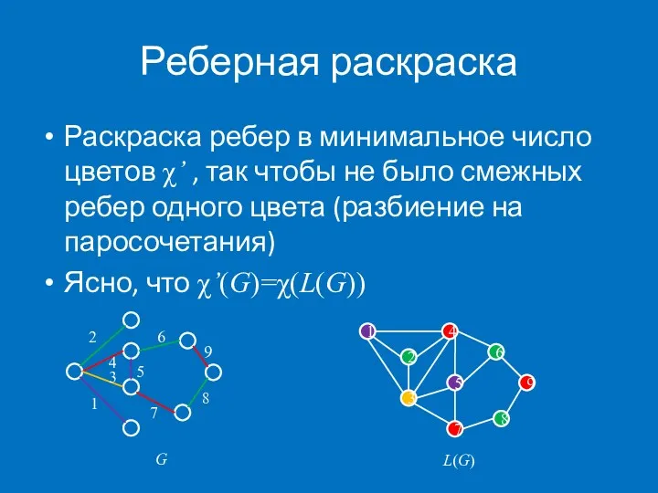 Реберная раскраска Раскраска ребер в минимальное число цветов χ’ ,