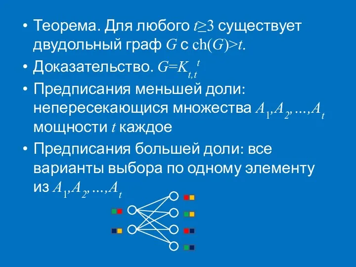 Теорема. Для любого t≥3 существует двудольный граф G с ch(G)>t.