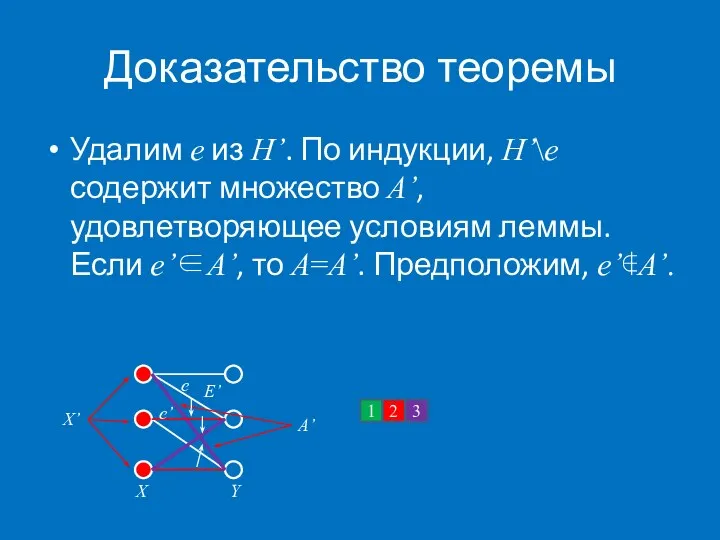 Доказательство теоремы Удалим e из H’. По индукции, H’\e содержит