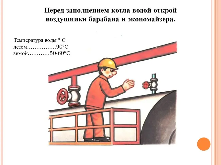 Перед заполнением котла водой открой воздушники барабана и экономайзера. Температура воды ° С летом…………….90°С зимой…………50-60°С