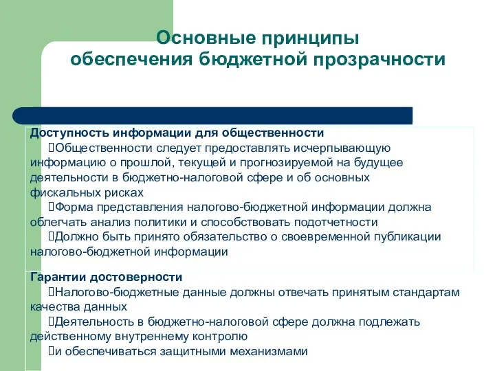 Основные принципы обеспечения бюджетной прозрачности Доступность информации для общественности Общественности