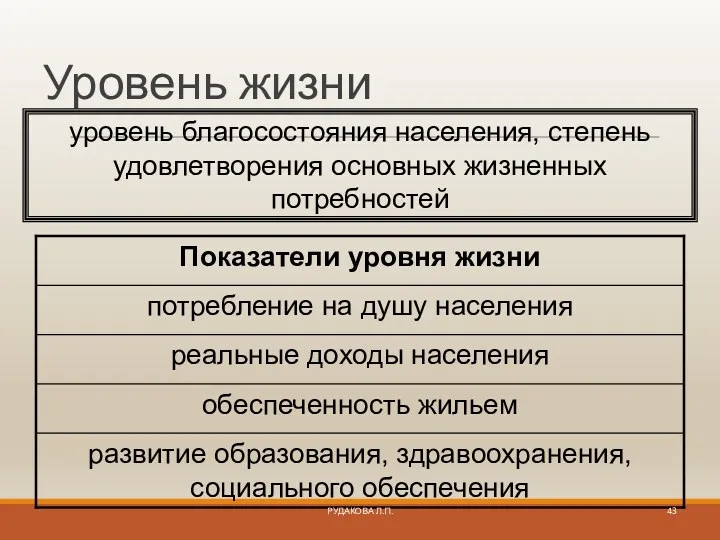 Уровень жизни уровень благосостояния населения, степень удовлетворения основных жизненных потребностей РУДАКОВА Л.П.