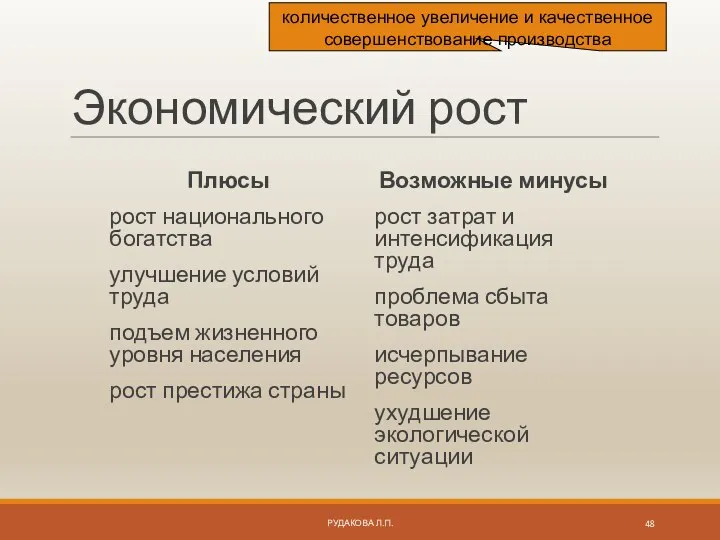 Экономический рост Плюсы рост национального богатства улучшение условий труда подъем