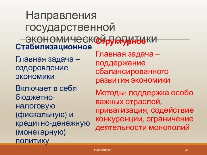 Направления государственной экономической политики Стабилизационное Главная задача – оздоровление экономики