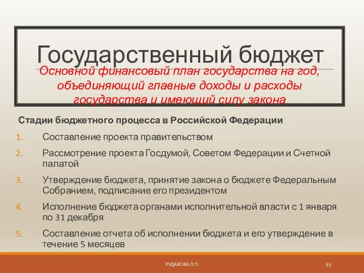 Государственный бюджет Стадии бюджетного процесса в Российской Федерации Составление проекта