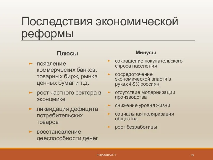 Последствия экономической реформы Плюсы появление коммерческих банков, товарных бирж, рынка