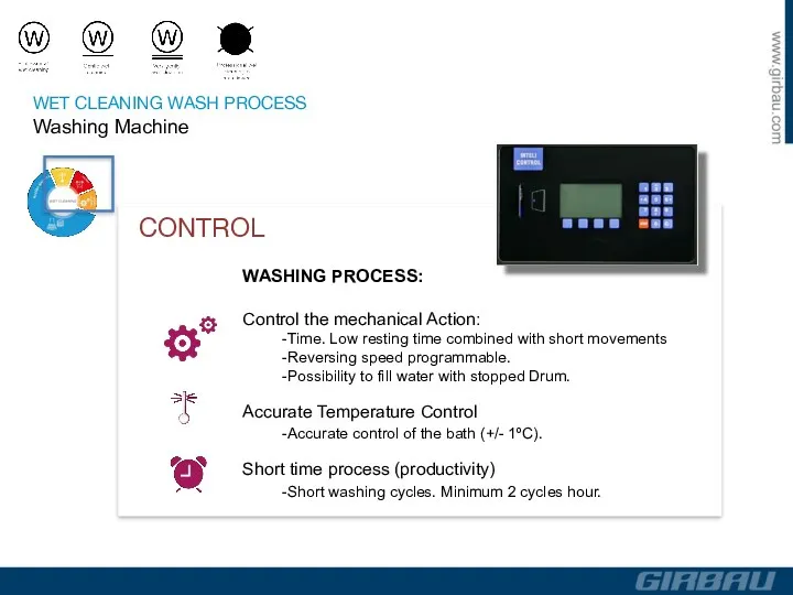 WASHING PROCESS: Control the mechanical Action: -Time. Low resting time combined with short