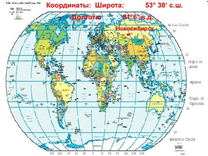 Новосибирск Координаты: Широта: 53° 38‘ с.ш. Долгота: 81°6‘ в.д.