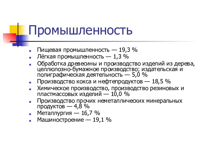 Промышленность Пищевая промышленность — 19,3 % Лёгкая промышленность — 1,3