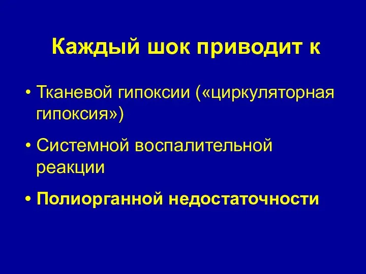 Каждый шок приводит к Тканевой гипоксии («циркуляторная гипоксия») Системной воспалительной реакции Полиорганной недостаточности