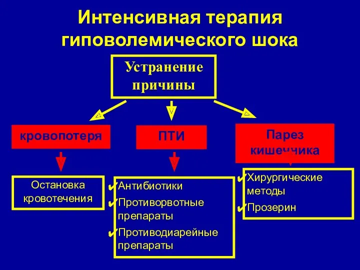 Интенсивная терапия гиповолемического шока Устранение причины кровопотеря Остановка кровотечения ПТИ