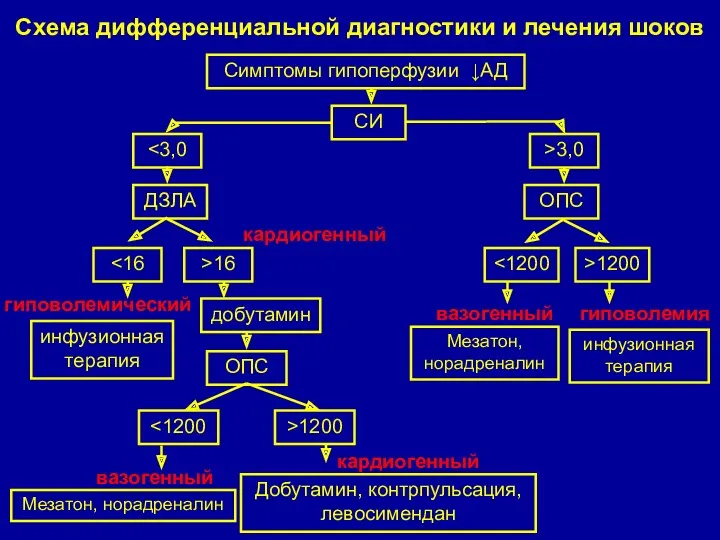 Симптомы гипоперфузии ↓АД СИ >3,0 ДЗЛА >16 инфузионная терапия добутамин