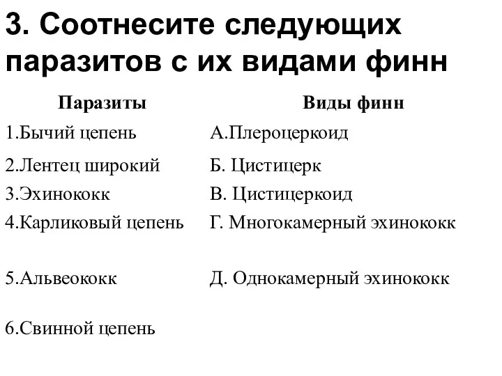 3. Соотнесите следующих паразитов с их видами финн