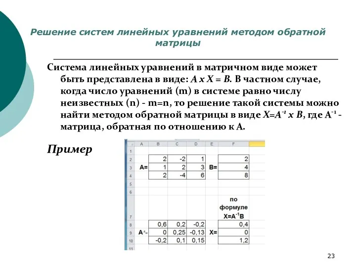 Решение систем линейных уравнений методом обратной матрицы Система линейных уравнений