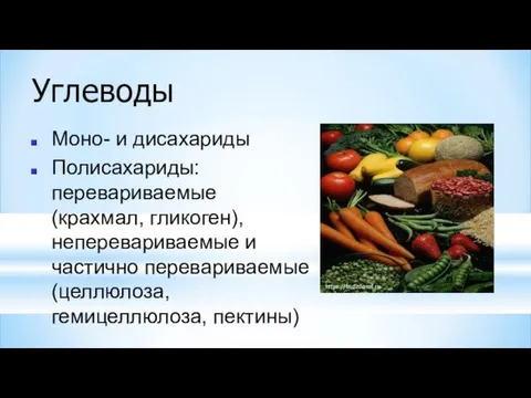 Углеводы Моно- и дисахариды Полисахариды: перевариваемые (крахмал, гликоген), неперевариваемые и частично перевариваемые (целлюлоза, гемицеллюлоза, пектины) https://budzdorof.ru