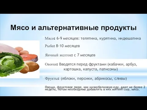 Мясо и альтернативные продукты Мясо: 6-9 месяцев: телятина, курятина, индюшатина