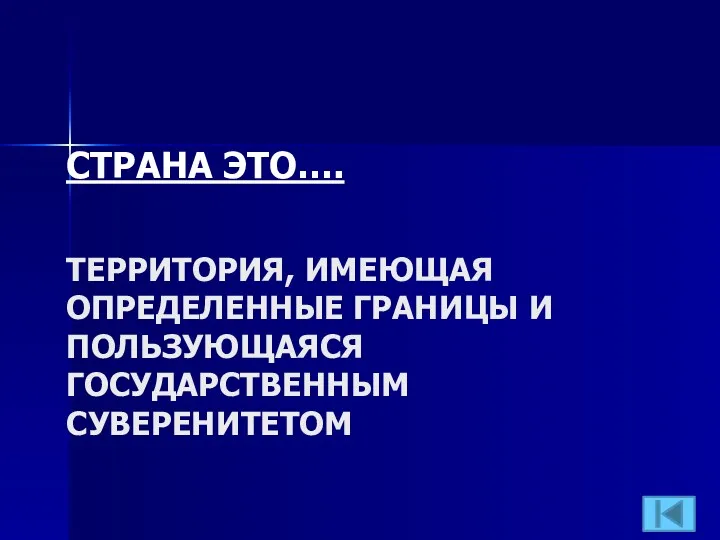 ТЕРРИТОРИЯ, ИМЕЮЩАЯ ОПРЕДЕЛЕННЫЕ ГРАНИЦЫ И ПОЛЬЗУЮЩАЯСЯ ГОСУДАРСТВЕННЫМ СУВЕРЕНИТЕТОМ СТРАНА ЭТО….