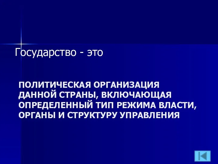 ПОЛИТИЧЕСКАЯ ОРГАНИЗАЦИЯ ДАННОЙ СТРАНЫ, ВКЛЮЧАЮЩАЯ ОПРЕДЕЛЕННЫЙ ТИП РЕЖИМА ВЛАСТИ, ОРГАНЫ И СТРУКТУРУ УПРАВЛЕНИЯ Государство - это