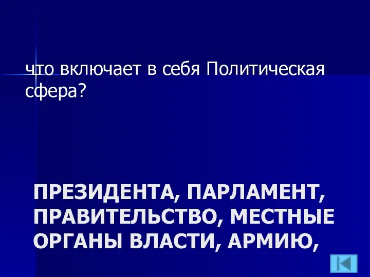 ПРЕЗИДЕНТА, ПАРЛАМЕНТ, ПРАВИТЕЛЬСТВО, МЕСТНЫЕ ОРГАНЫ ВЛАСТИ, АРМИЮ, что включает в себя Политическая сфера?