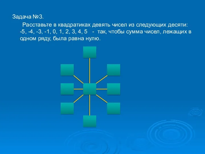 Задача №3. Расставьте в квадратиках девять чисел из следующих десяти: