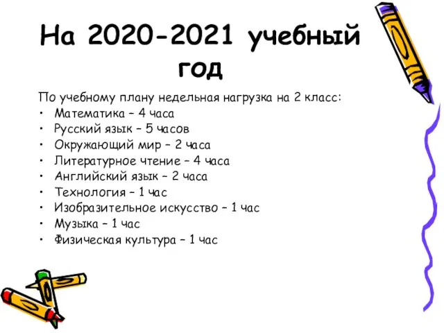 На 2020-2021 учебный год По учебному плану недельная нагрузка на