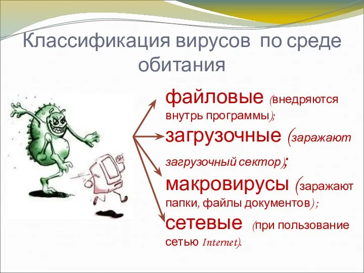 Классификация вирусов по среде обитания файловые (внедряются внутрь программы); загрузочные