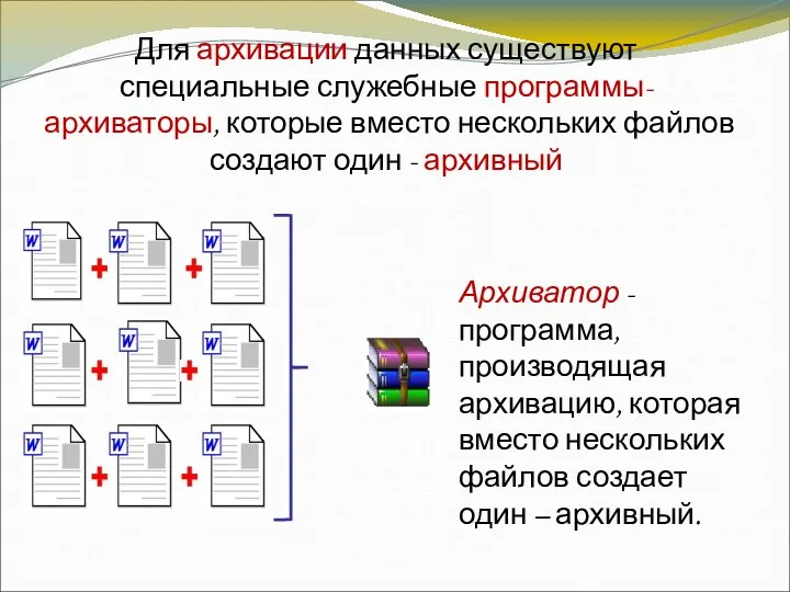 Для архивации данных существуют специальные служебные программы-архиваторы, которые вместо нескольких