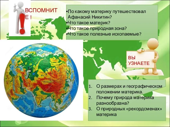 ВСПОМНИТЕ ! По какому материку путешествовал Афанасий Никитин? Что такое