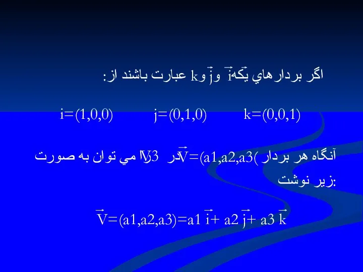 اگر بردارهاي يكهi وj وk عبارت باشند از: i=(1,0,0) j=(0,1,0)