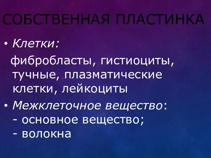 СОБСТВЕННАЯ ПЛАСТИНКА Клетки: фибробласты, гистиоциты, тучные, плазматические клетки, лейкоциты Межклеточное вещество: - основное вещество; - волокна