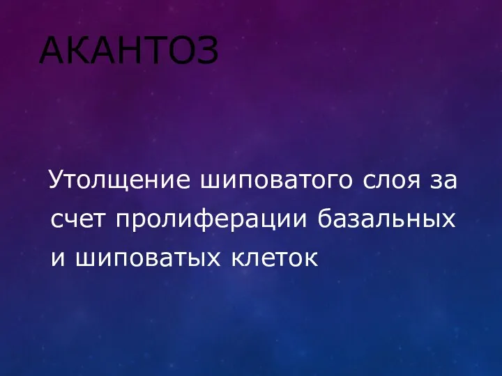 АКАНТОЗ Утолщение шиповатого слоя за счет пролиферации базальных и шиповатых клеток