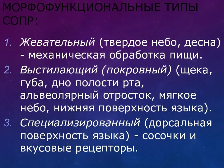 МОРФОФУНКЦИОНАЛЬНЫЕ ТИПЫ СОПР: Жевательный (твердое небо, десна) - механическая обработка