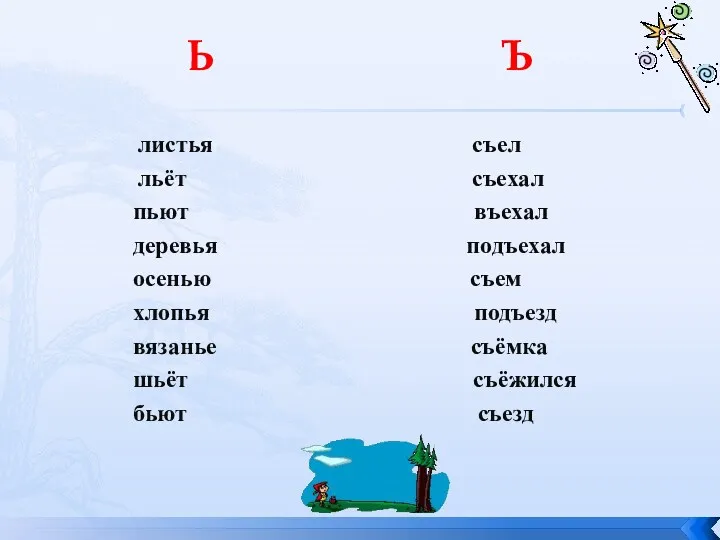 Ь Ъ листья съел льёт съехал пьют въехал деревья подъехал