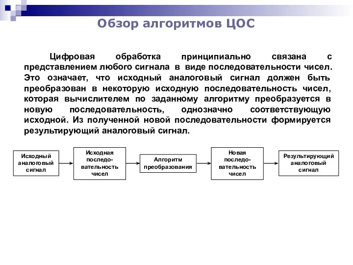 Обзор алгоритмов ЦОС Цифровая обработка принципиально связана с представлением любого