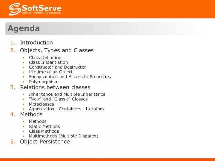 Introduction Objects, Types and Classes Class Definition Class Instantiation Constructor