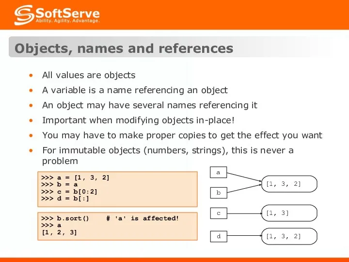 Objects, names and references All values are objects A variable